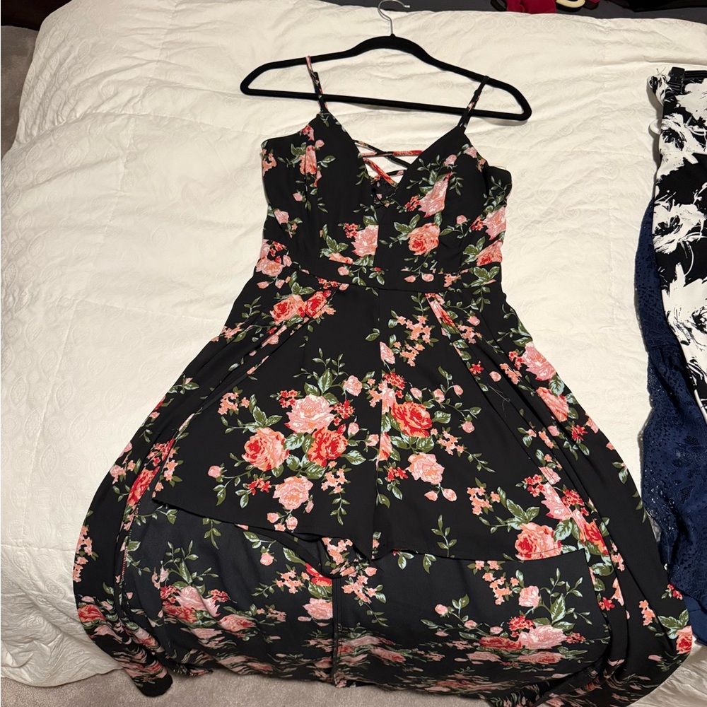 Floral Black Mini Romper with Flare